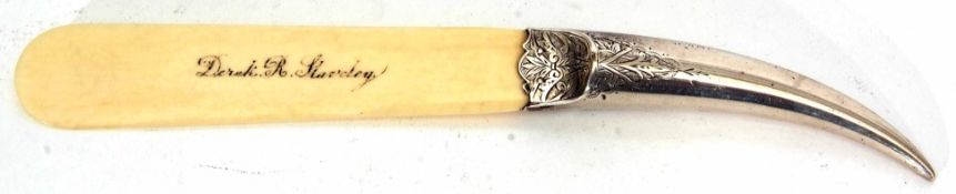 Late Victorian silver mounted and ivory paper knife, the plain and polished blade engraved "Derek