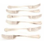 Six George V Old English pattern dessert forks, length 17cm, combined weight approx 324gms,