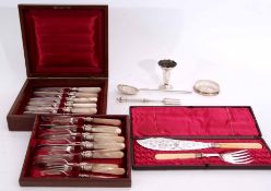 Mixed Lot: comprising a late 19th century cased set of 12 each mother of pearl handled dessert