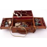 Vintage brown leatherette jewel box to include necklaces, brooches, cuff links etc