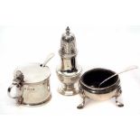 Elizabeth II three piece cruet set comprising baluster pepper caster, lidded drum mustard and