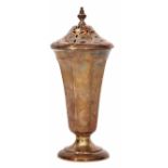 George V table caster of faceted and tapering cylindrical form with pierced pull off cover and