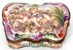 Continental porcelain and brass mounted snuff box of serpentine form, the hinged cover set with