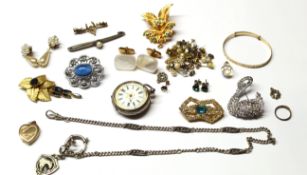 Mixed Lot: white metal and enamel fob watch, cufflinks, various stud earrings, brooches etc