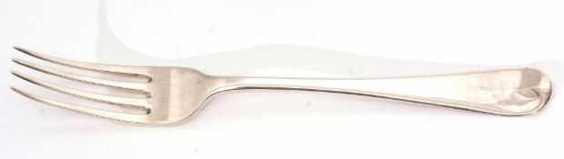 Late George III Old English pattern dinner fork, crested verso, length 20cm, weight approx 59gms,