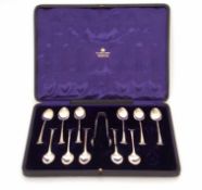 Cased set of 11 (of 12) coffee spoons, Onslow type pattern, together with matching sugar tongs,