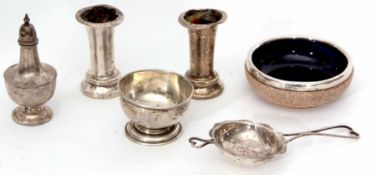 Mixed Lot: a single pepper caster (loaded), together with an open salt, tea strainer, two small