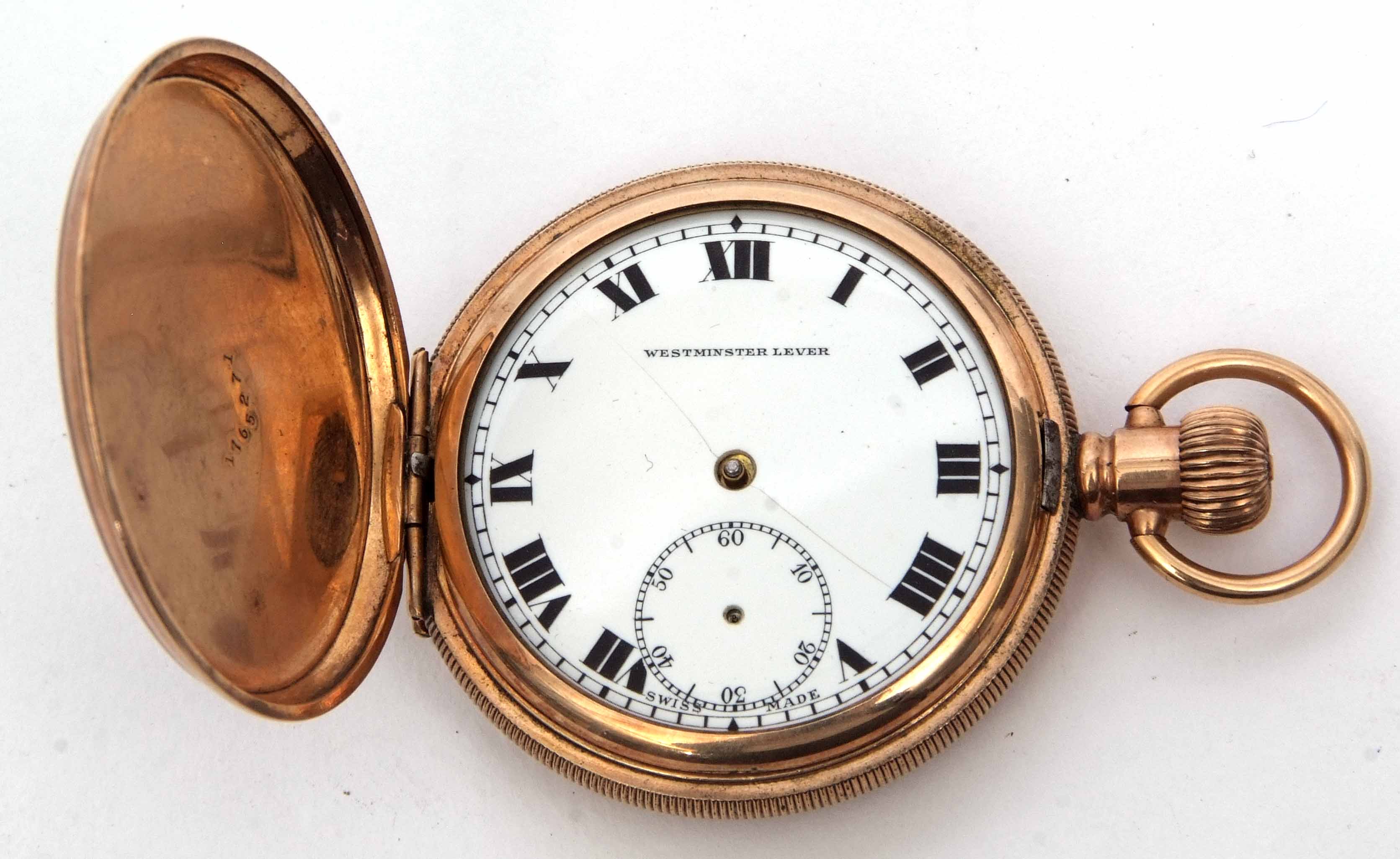 Early 20th century gold plated full hunter keyless pocket watch, the Swiss 7-jewel movement with