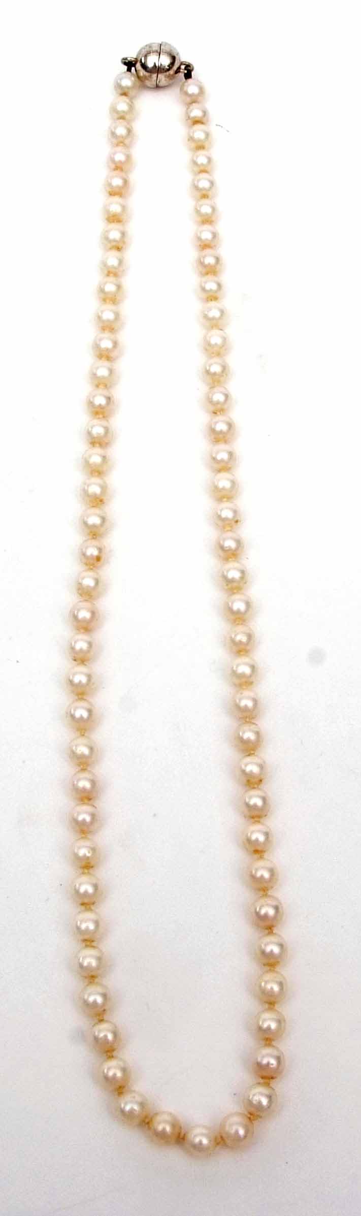 Single row of cultured pearls, uniform size, (6mm approx), 240mm drop, on a later magnetic catch