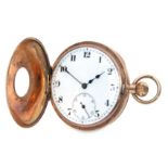 Early 20th century 9ct gold half hunter keyless pocket watch, the frosted gilt and jewelled movement