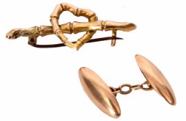 Mixed Lot: one 9ct gold torpedo cuff link with chain connector, 7.5gms, together with a 9ct gold