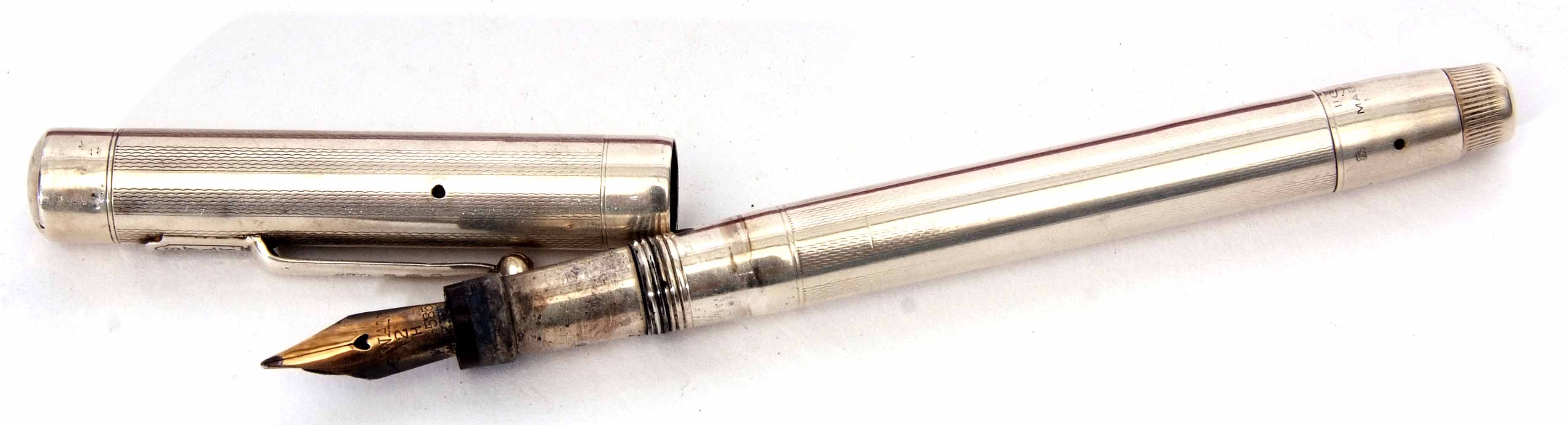 George VI silver cased fountain pen, Mabie Todd & Co Ltd - London, the cylindrical case with screw - Image 2 of 2