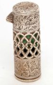 Edward VII silver cased green glass scent bottle of cylindrical form with hinged and domed cover