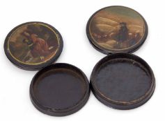 Mixed Lot: comprising two various 19th century papier mache black finished snuff boxes, each with