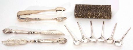 Mixed Lot: comprising a pair of Victorian Scottish Queens pattern sugar tongs with initialled bridge