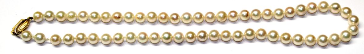 Cultured pearl necklace, a single row of uniform beads, size 6mm diam, to a yellow metal textured