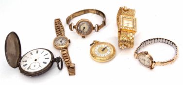 Mixed Lot: comprising three various 9ct gold ladies wrist watches, together with a Swiss silver