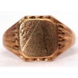 9ct gold signet ring, the square panel with a corner featuring chased detail, threaded shoulders