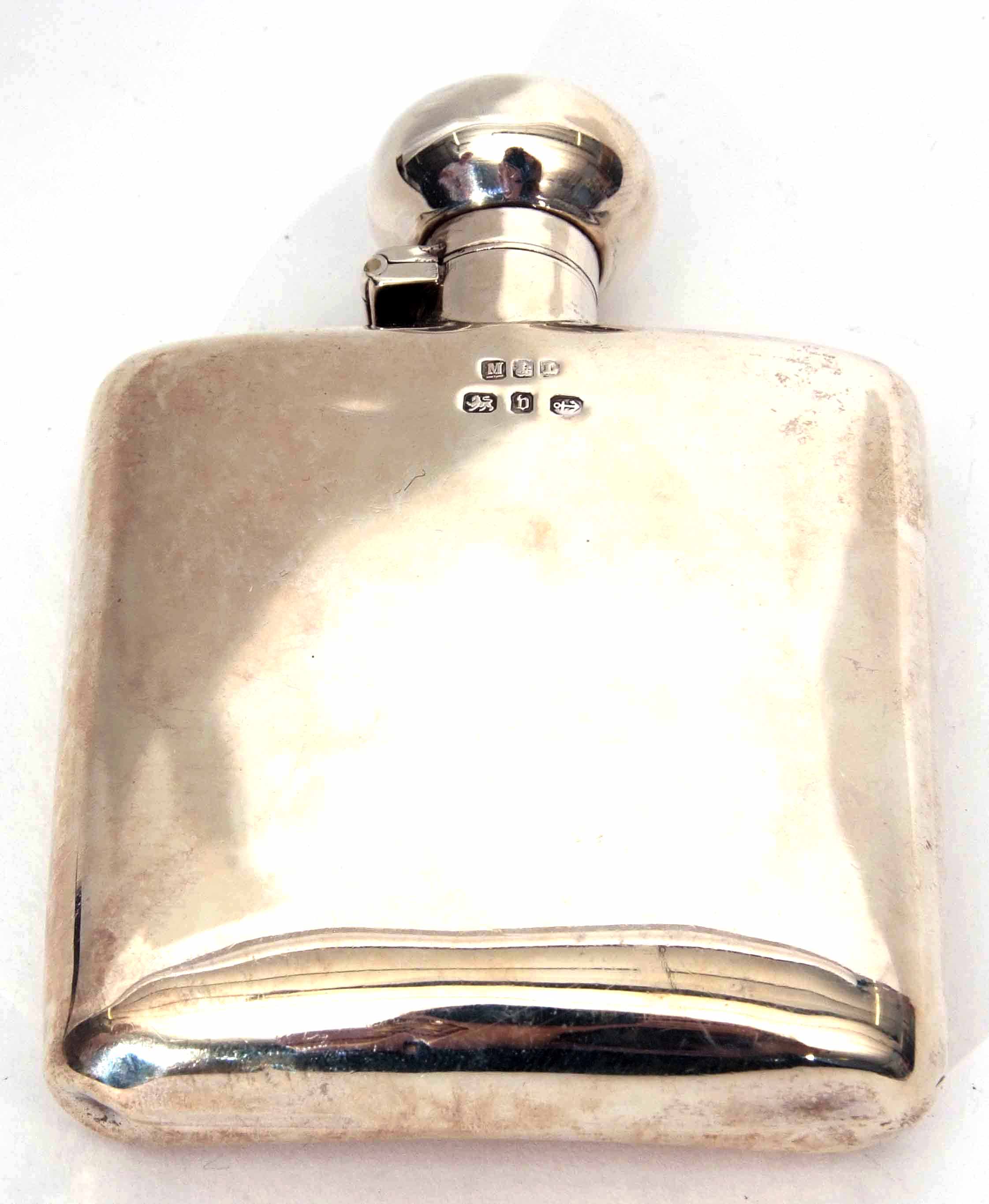 Late Victorian hip flask of shaped square form with hinged cover with bayonet type fitting, height