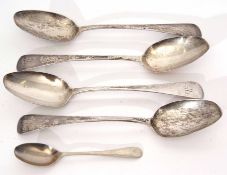 Four George III Old English pattern table spoons, initialled (bowls worn), length 21cm, combined