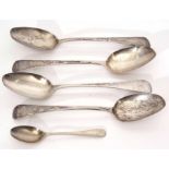 Four George III Old English pattern table spoons, initialled (bowls worn), length 21cm, combined