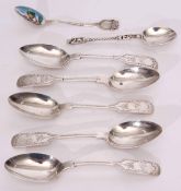 Mixed Lot: comprising five various engraved and initialled Fiddle pattern tea spoons, together