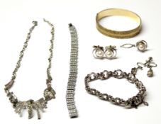 Mixed Lot: 9ct gold rolled gold hinged bracelet, two marcasite bracelets, a marcasite necklace,