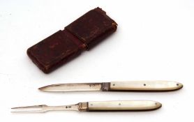 Early 19th century English cased folding fruit knife and fork, the plain and polished mother of
