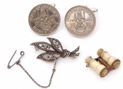 Mixed Lot: pair of 1948 one shilling coin cuff links, swivel fittings, a marcasite brooch, pair of