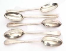 Four late Victorian Hanoverian rat-tail table spoons, London 1897, together with a single, London