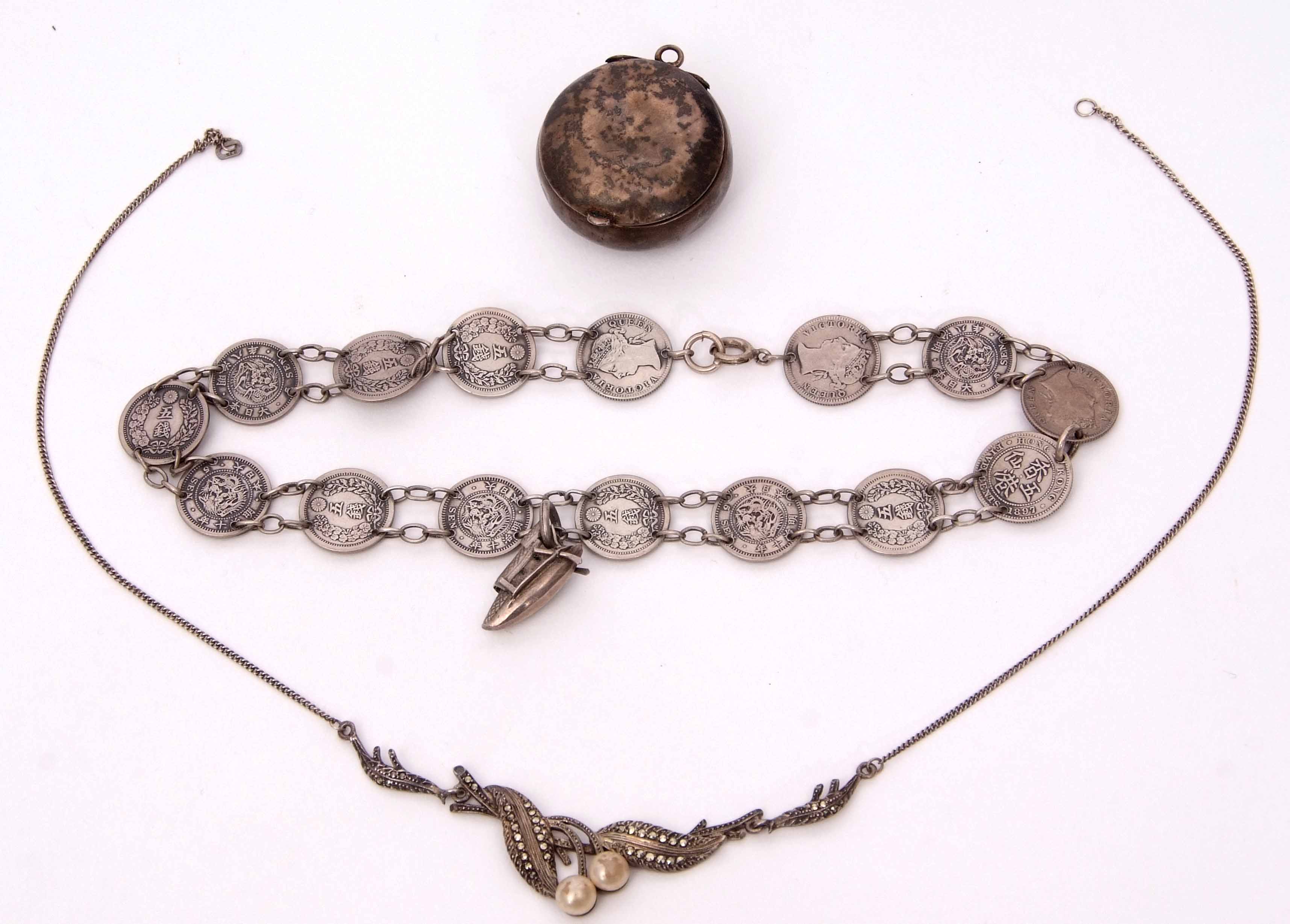Mixed Lot: vintage white metal and marcasite necklace, a Hong Kong 1895 5c coin bracelet, together