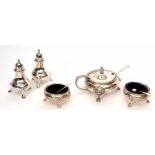 Composite five piece cruet set comprising two cauldron salts, two baluster peppers and a lidded