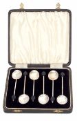 George VI cased set of six coffee spoons each of plain and polished construction with coffee bean