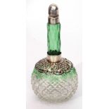 Late Victorian silver mounted globe and shaft toiletry bottle, the graduated green to clear glass