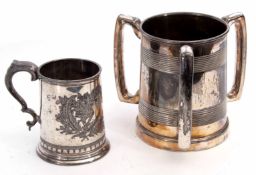 Mixed Lot: comprising an electro-plated Britannia metal glass bottomed three-handled tyg of circular