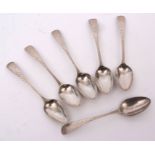 Six George III bright cut Old English pattern tea spoons with long drop bowls, initialled, length 12