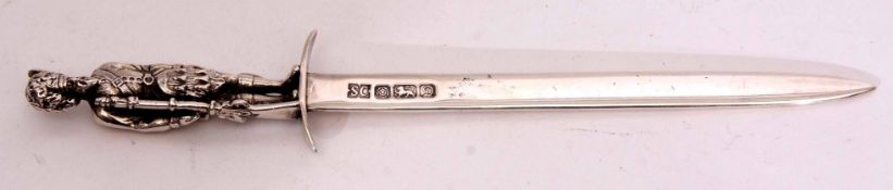 Elizabeth II silver letter opener with plain and polished blade with shaped cross guard and with