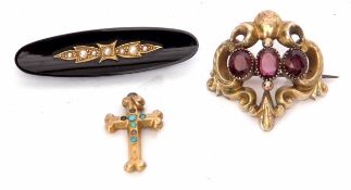 Mixed Lot: Antique onyx and seed pearl brooch, a gold filled cruciform pendant, turquoise set (a/f),