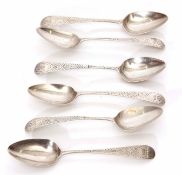 Six George III Old English pattern tea spoons with long drop bowls and later engraved handles and