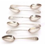 Six George III Old English pattern tea spoons with long drop bowls and later engraved handles and