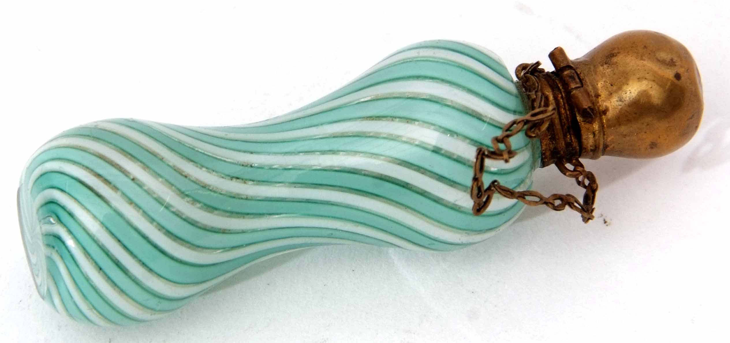 Late 19th century Continental scent bottle of waisted clear glass form with white and aqua blue
