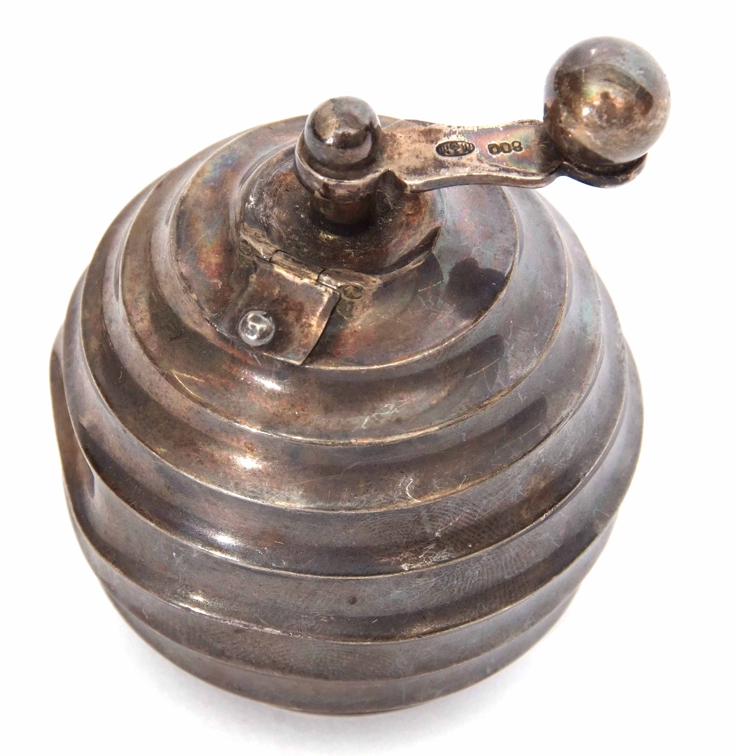 20th century Continental white metal pepper grinder of scalloped spherical form, cast and applied - Image 2 of 2