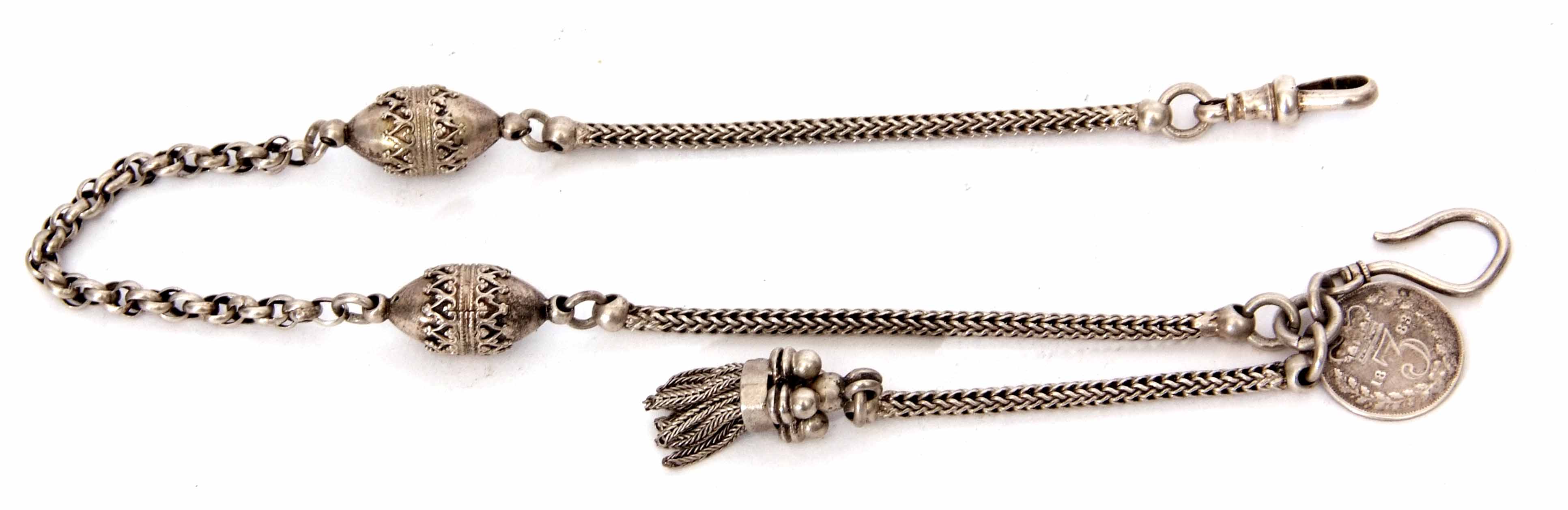 Late 19th century white metal fancy link fob watch chain set with two ovoid spheres and with