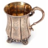 Early Victorian christening mug of waisted cylindrical form with applied rim and C-scroll handle