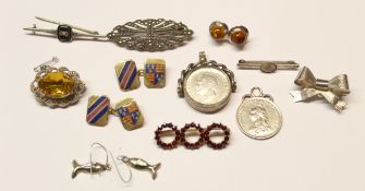 Mixed Lot: pair of metal and enamel cufflinks, silver framed coin swivel fob, 1887 coin pendant,