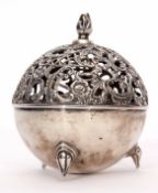 Victorian string box of spherical form, the cast C-scroll and pierced and hinged cover with cast and