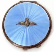 George VI guilloche enamelled powder compact of hinged circular form with pale blue enamelled