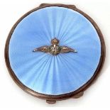 George VI guilloche enamelled powder compact of hinged circular form with pale blue enamelled