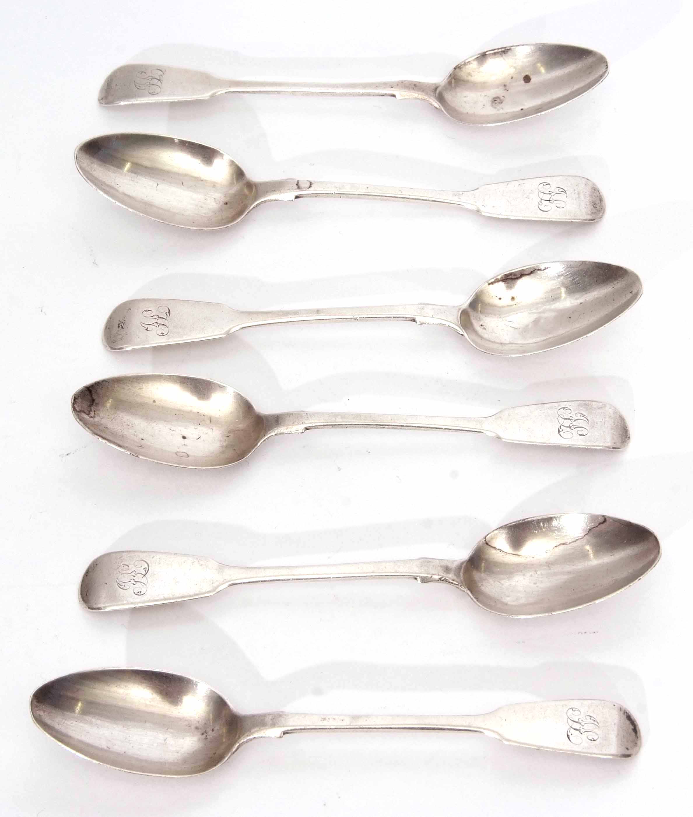 Six William IV Fiddle pattern tea spoons, initialled, length 13.5cm, combined weight approx
