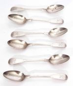 Six William IV Fiddle pattern tea spoons, initialled, length 13.5cm, combined weight approx